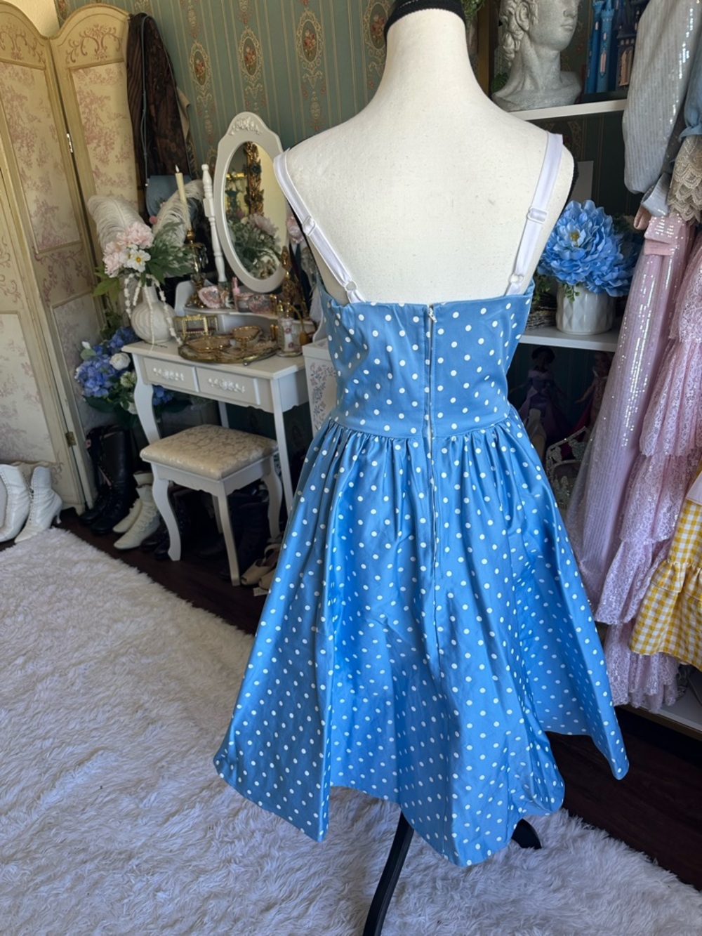 Vixen by Micheline Pitt Blue Polka Dot Fit-and-Flare Dress - Picture 6 of 7